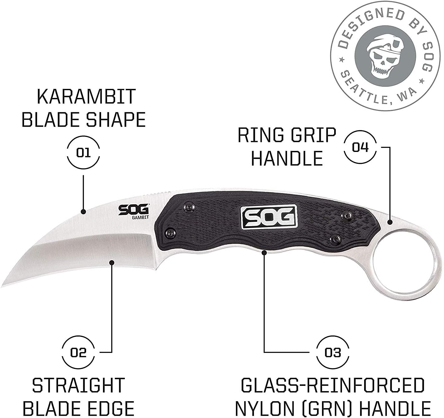 SOG Survival Karambit Knife - Gambit Curved Security Belt Knife, Full Tang Fixed 2.6 Inch Blade withHard Nylon Sheath