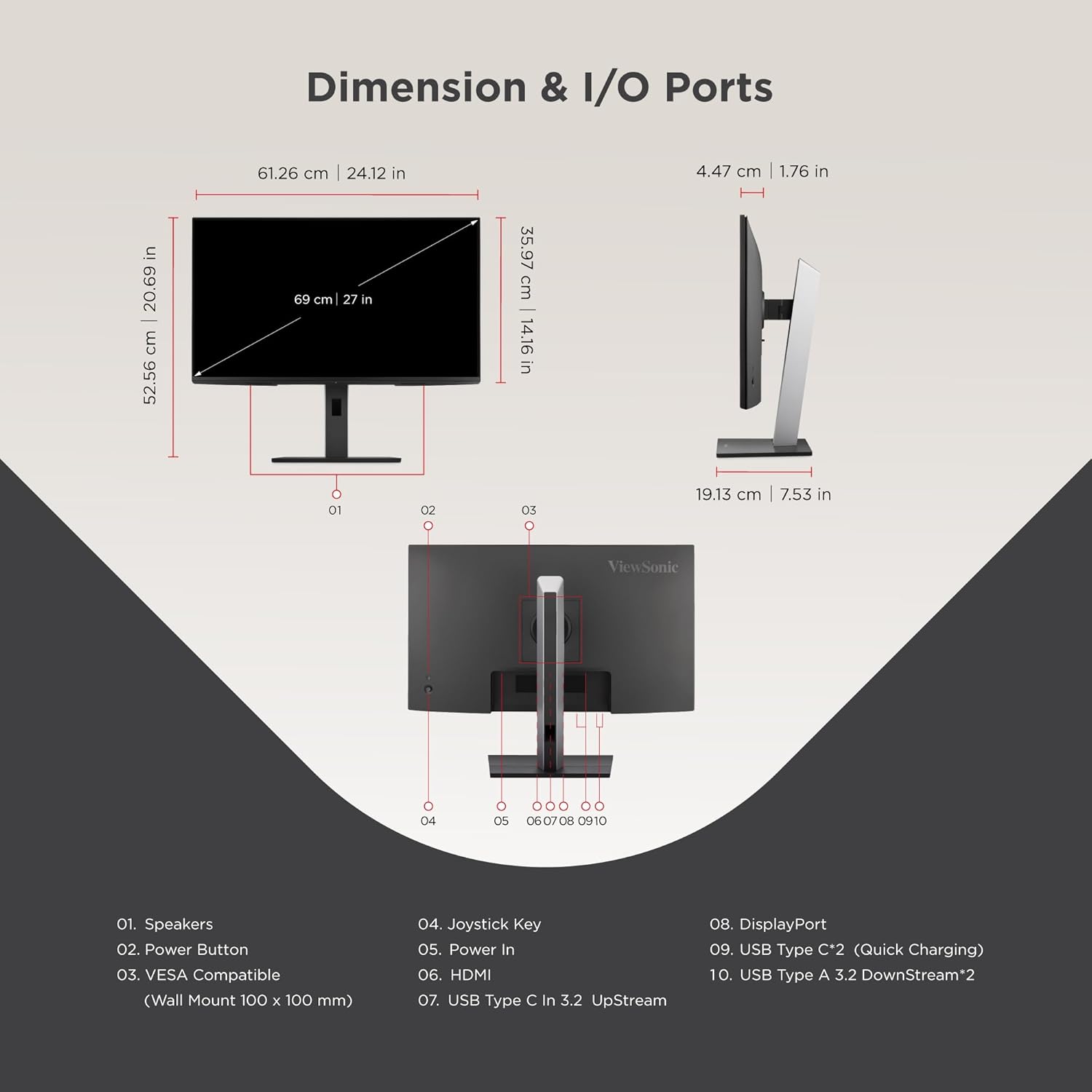 VIEWSONIC VG Ergonomic IPS Monitor with 65W USB-C, 100Hz, 5-Port USB Hub, HDMI & DisplayPort