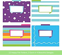 Barker Creek Designer File Folders, Happy, Multi-Design Set with Bright Patterns on Outside, Vibrant Solid Colors on Inside