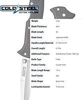 COLD STEEL Counter Point 2 3" Japanese AUS8A Razor-Sharp Blade 3.875" Griv-Ex Handle Narrow Blade Folding Knife w/Tri-Ad Locking Mechanism
