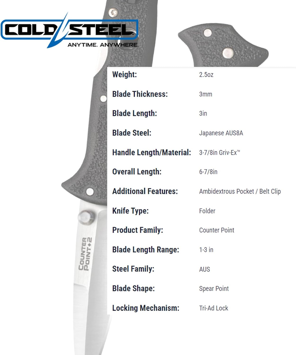 COLD STEEL Counter Point 2 3" Japanese AUS8A Razor-Sharp Blade 3.875" Griv-Ex Handle Narrow Blade Folding Knife withTri-Ad