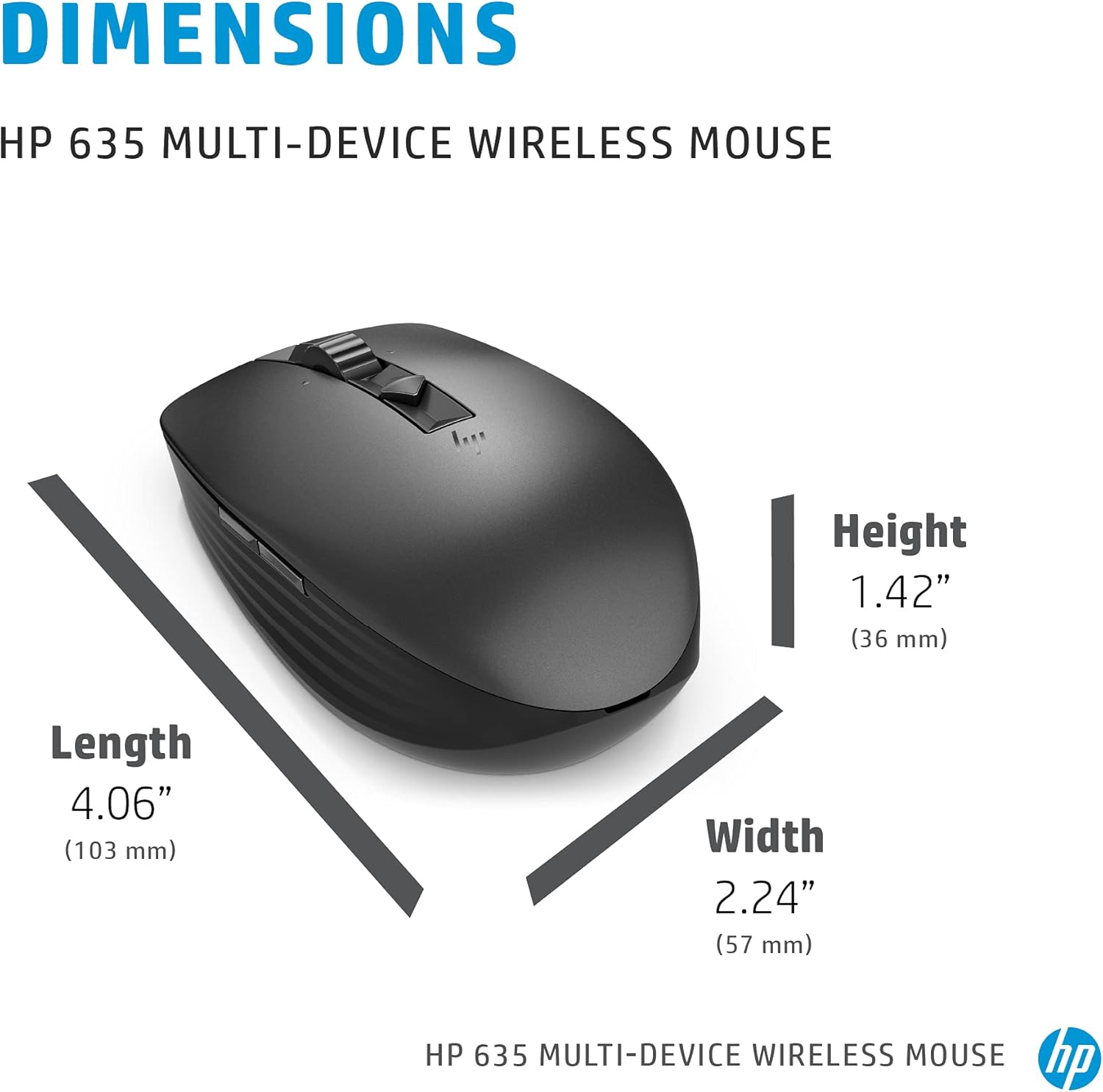 HP Wireless Multi-Device 635M Mouse - Travel Mouse - Wireless - Bluetooth - Black - USB - 4 Button(s)