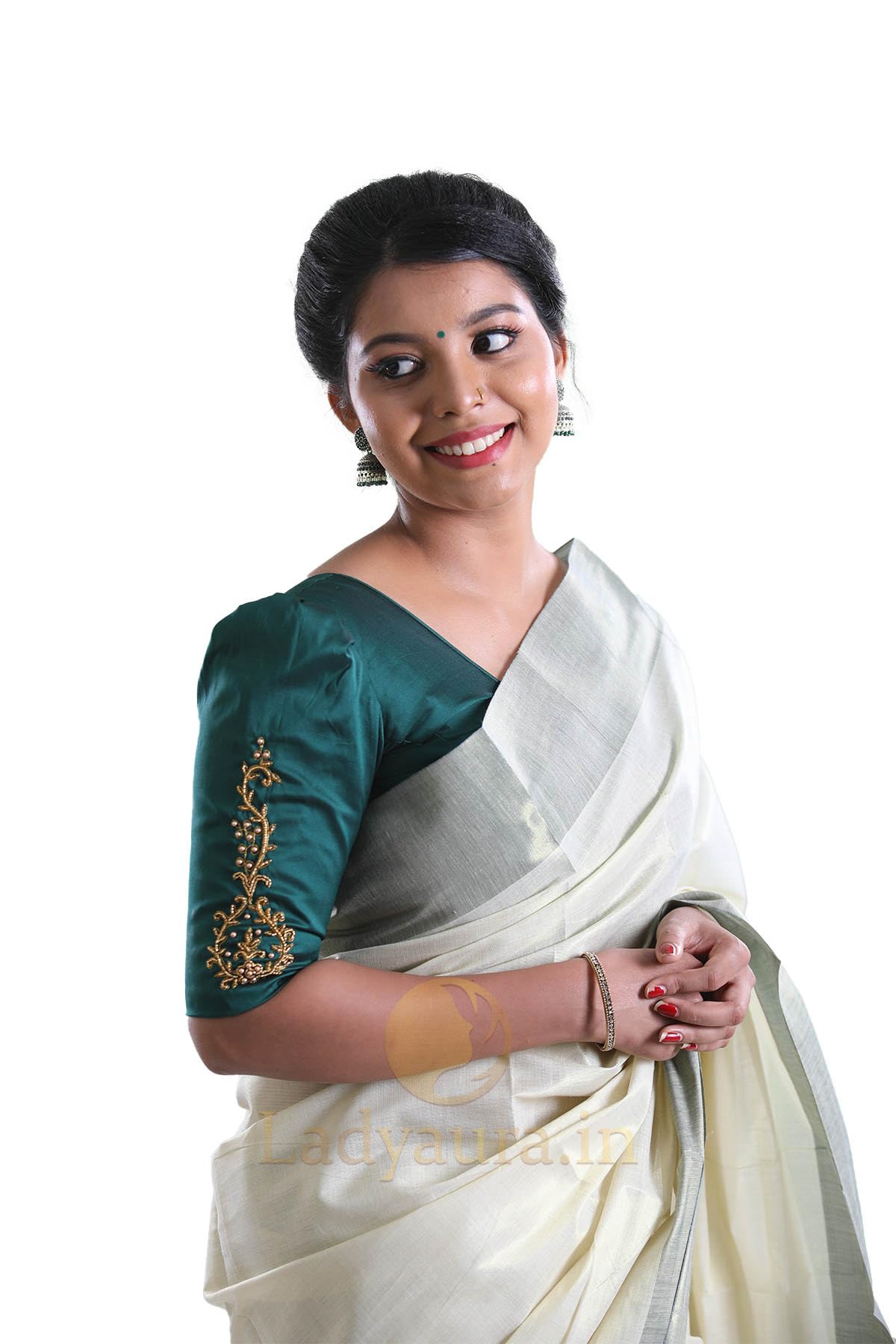 ALLUVY Kuthampully Kerala Saree |Traditional South Indian Sarees |Onam Tissue Kasavu Saree |Authentic South Cultural Sarees | Women's Plain Zari Kasavu | EKM-776 (Dark Green)