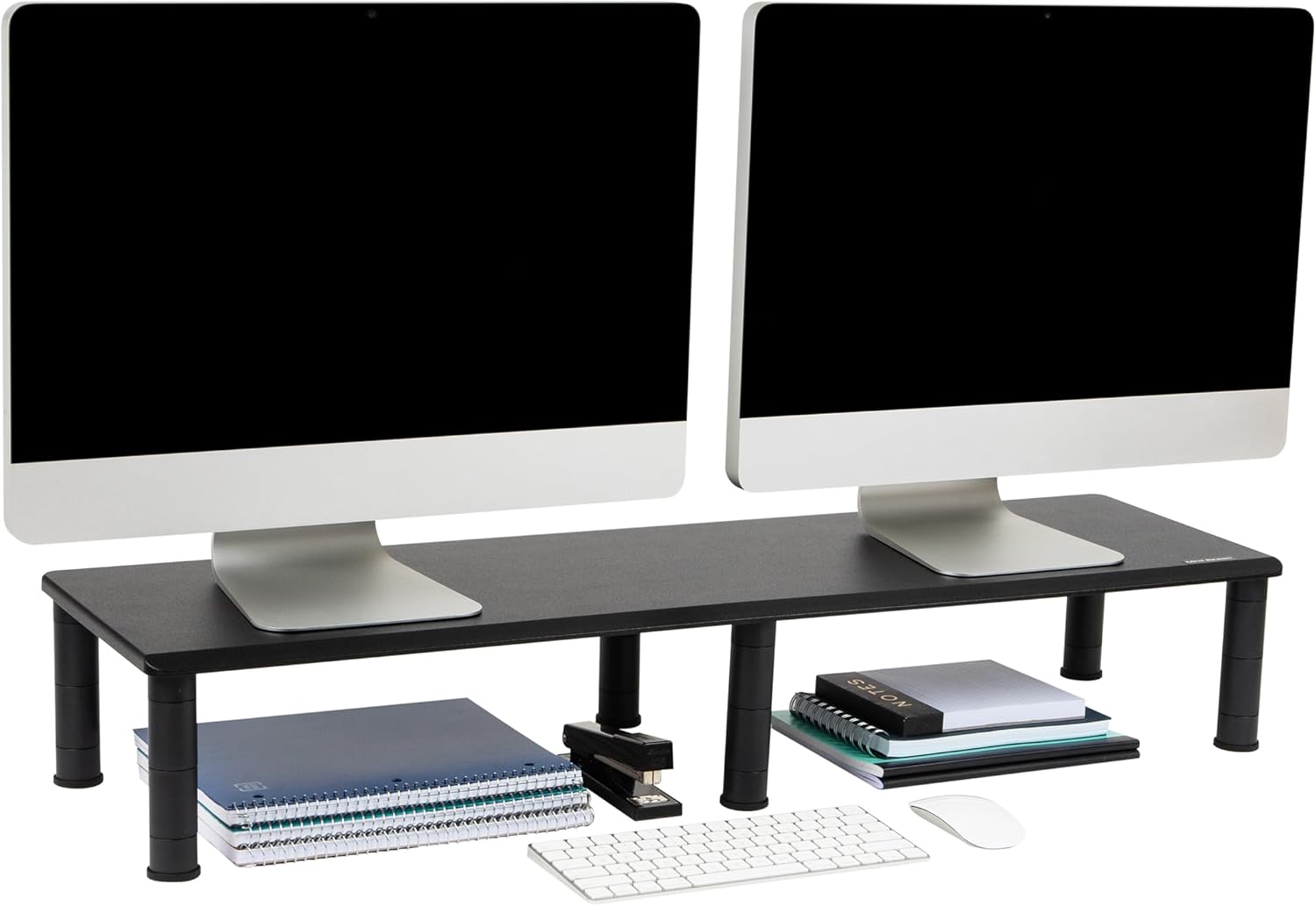 MIND READER Dual Monitor Stand, Height Adjustable Desktop Organizer Laptop Riser, 38.5" L x 11" W x 2.55-6.5" H, Black
