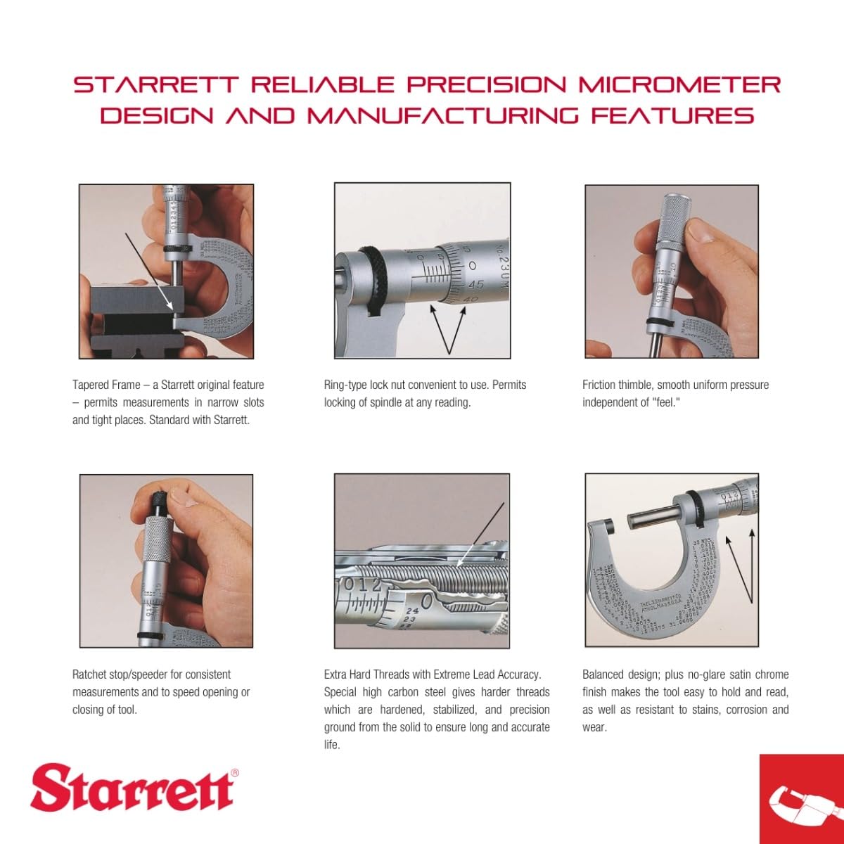 Starrett Outside Micrometer with One-Piece Spindle, Satin Chrome Finish and Advanced Sleeve Design - Graduation - 436.1XRL-2