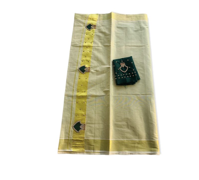 ALLUVY Kuthampully Kerala Kasavu Sarees For Women | Handcrafted Palakka Aari work Kerala Sarees | Tissue Onam Saree With Running Blouse | South Indian Sarees | EKM-668 (Dark Green)