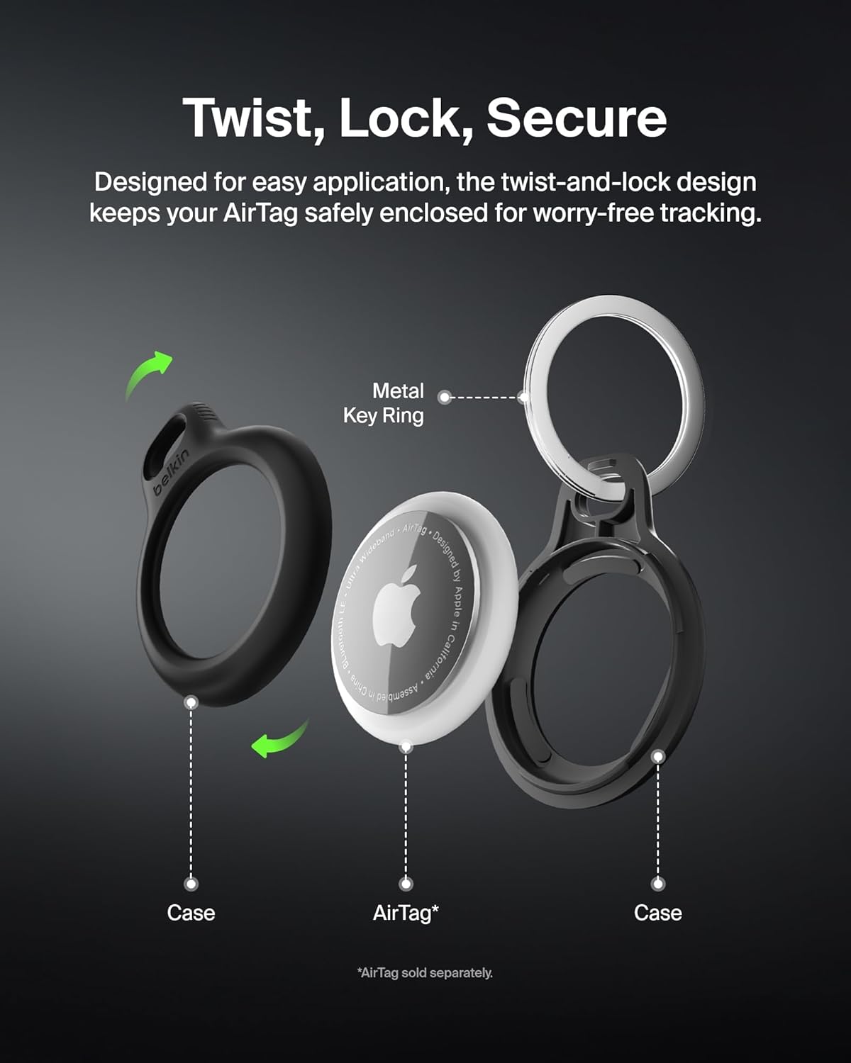 Belkin Apple AirTag Secure Holder with Key Ring - Durable Scratch-Resistant Case with Open Face & Raised Edges
