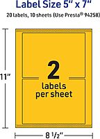 Avery Printable Rectangle Labels, Sure Feed Technology, 5" x 7", Bright Yellow Labels, Laser/Inkjet Printable, 20 Total
