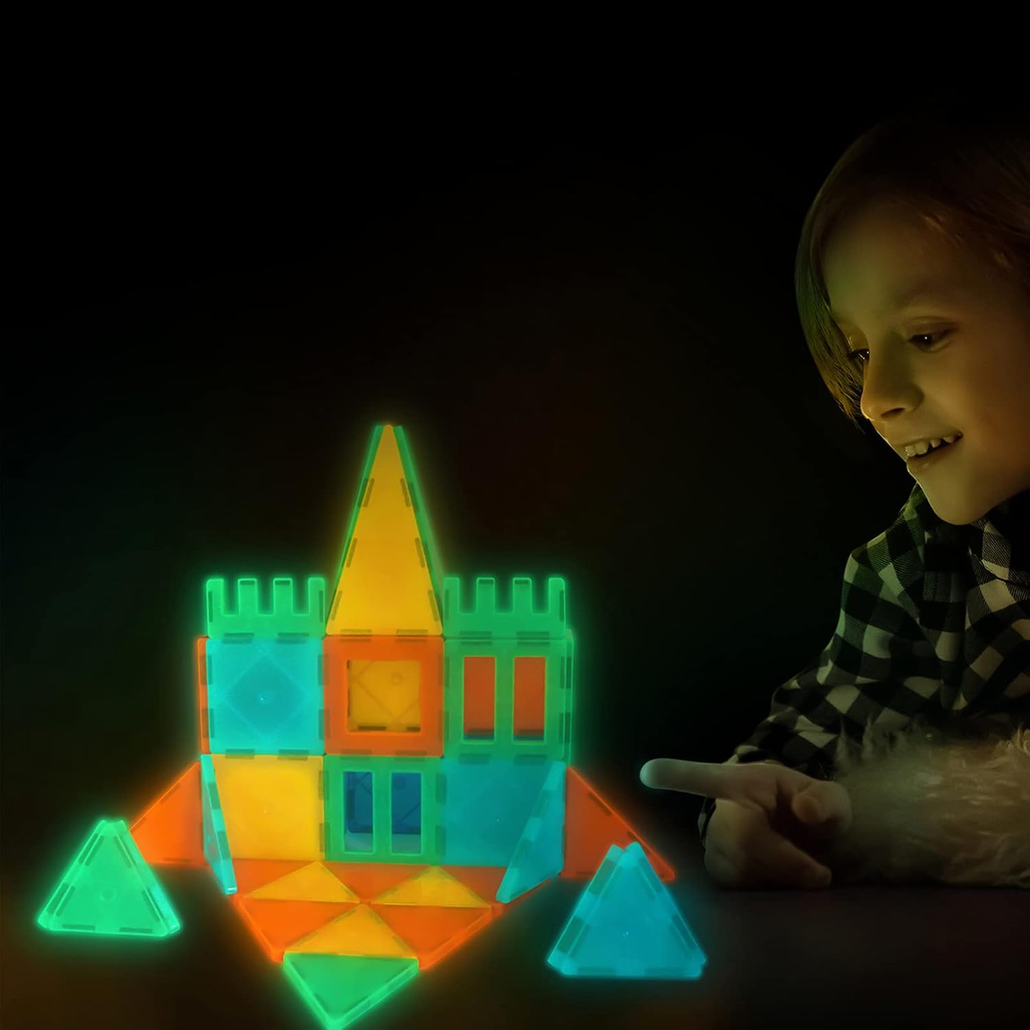 Tytan Tiles Glow in The Dark 60-Piece Magnetic Tiles Building Set, Diverse Multi-Color Shapes, STEM Toy, Cars, Creative Play