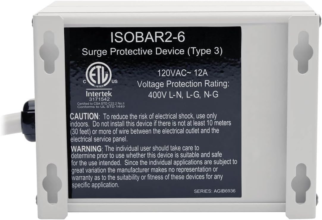 Tripp Lite IBAR2-6D Isobar 2 Outlet Surge Protector Power Strip, 6ft Cord, Right-Angle Plug, Metal