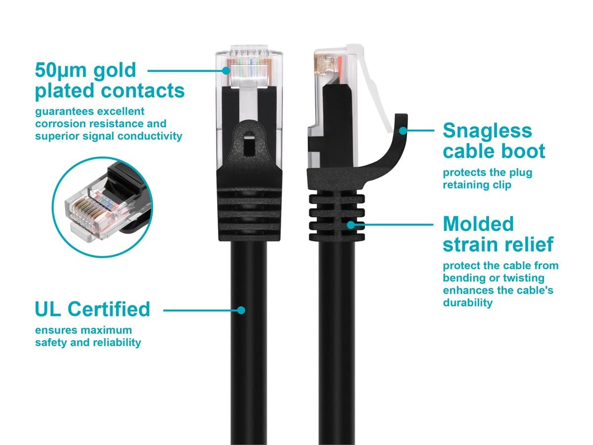 Monoprice Cat6 2ft Black Patch Cable UTP 24AWG 550MHz Pure Bare Copper Snagless RJ45 Flexboot Series Ethernet Cable 1