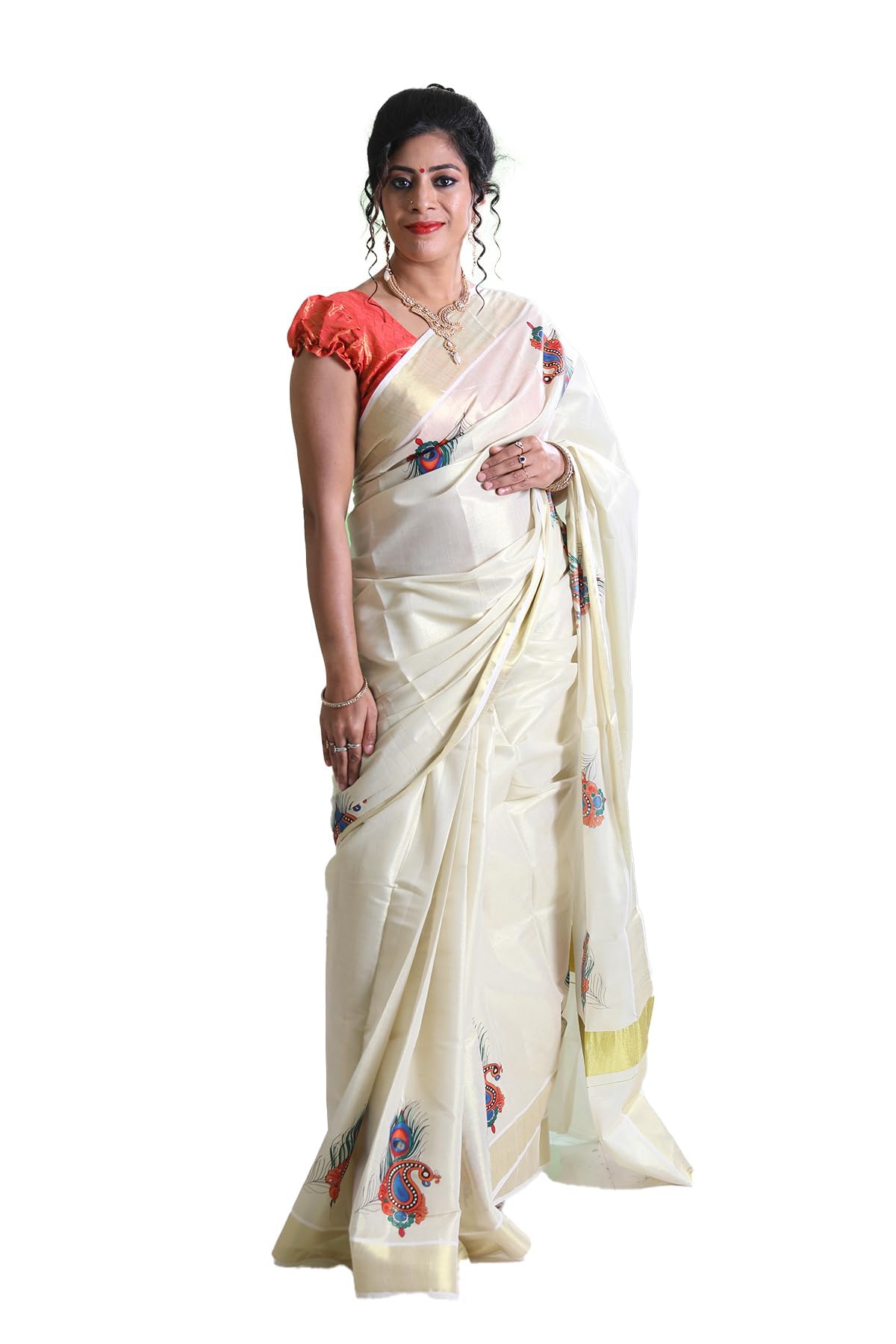 Women's Kuthampully Kerala Kasavu Saree Tissue Mural Painted | Traditional South Indian Saree | Kerala Saree - Multi Color EKM-637