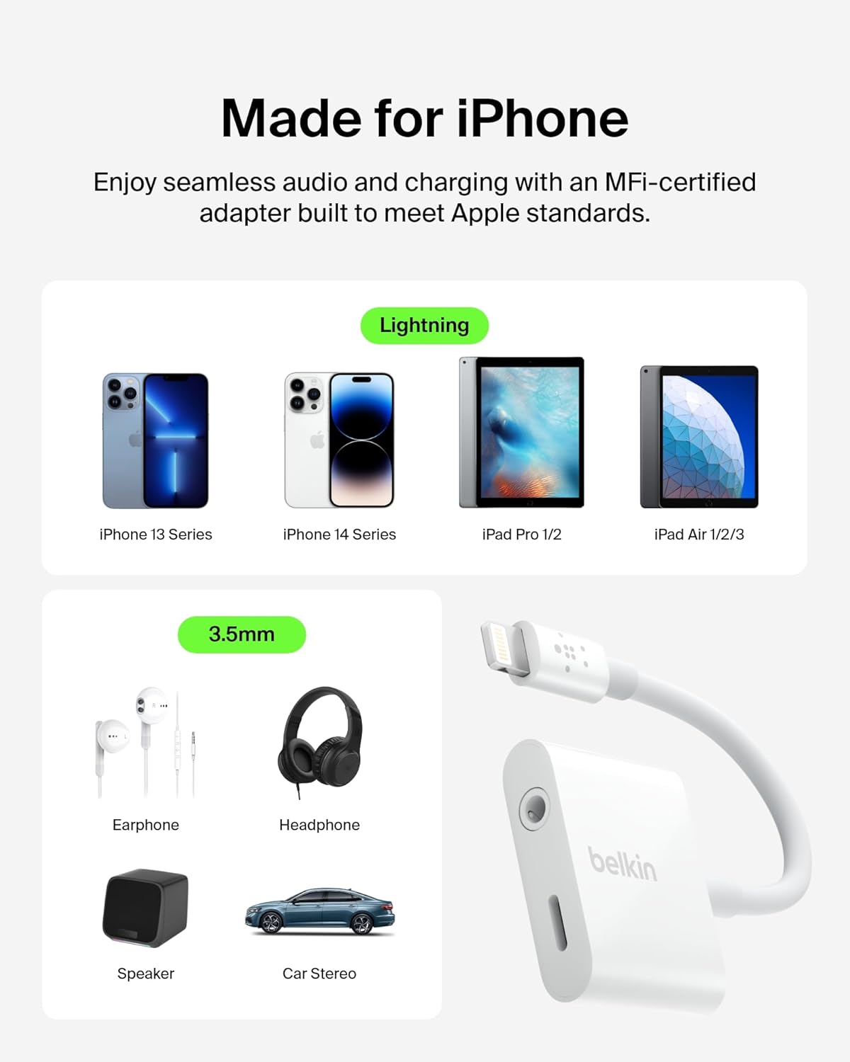 Belkin RockStar Lightning to 3.5mm Audio Cable + Audio Charger Splitter