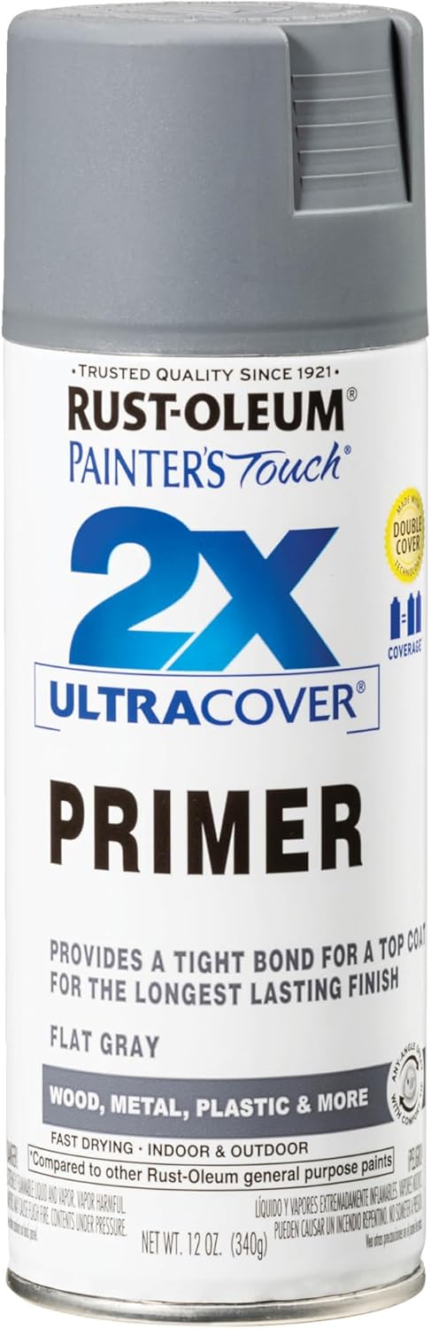 Rust-Oleum 334017 Painter's Touch 2X Ultra Cover Spray Primer, 12 oz, Flat Gray Flat Gray Primer 12 Ounce (Pack of 1) Cover