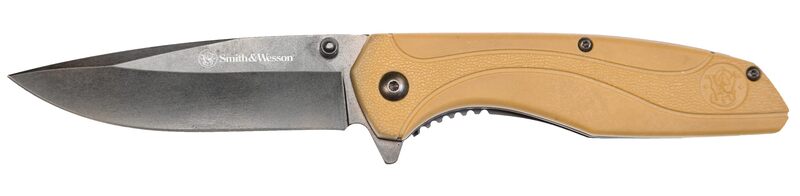 Smith & Wesson SW1103 8.07in Stainless Steel Folding Knife with 3.5in Drop Point Blade and FDE Nylon Handle for Outdoor