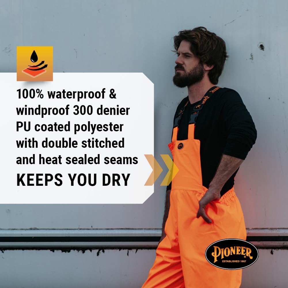 Pioneer Hi Vis Ripstop Waterproof Bib Pants/Overalls for Men - Reflective Safety Work Rain Pants