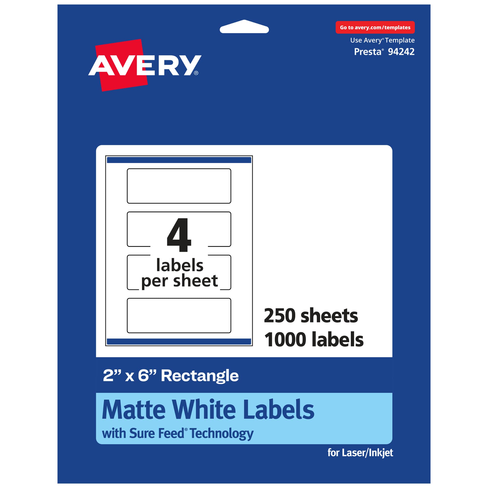 Avery Matte White Rectangle Labels, Sure Feed Technology, 2" x 6"