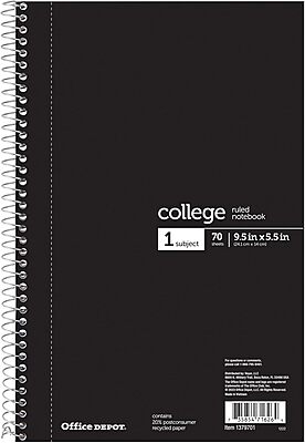 OfficeMax 1 Subject Notebook, 6" x 9 1/2", College Rule, Black Cover