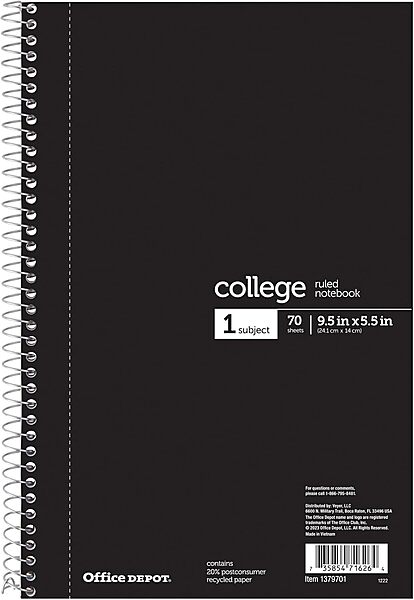 OfficeMax 1 Subject Notebook, 6" x 9 1/2", College Rule, Black Cover