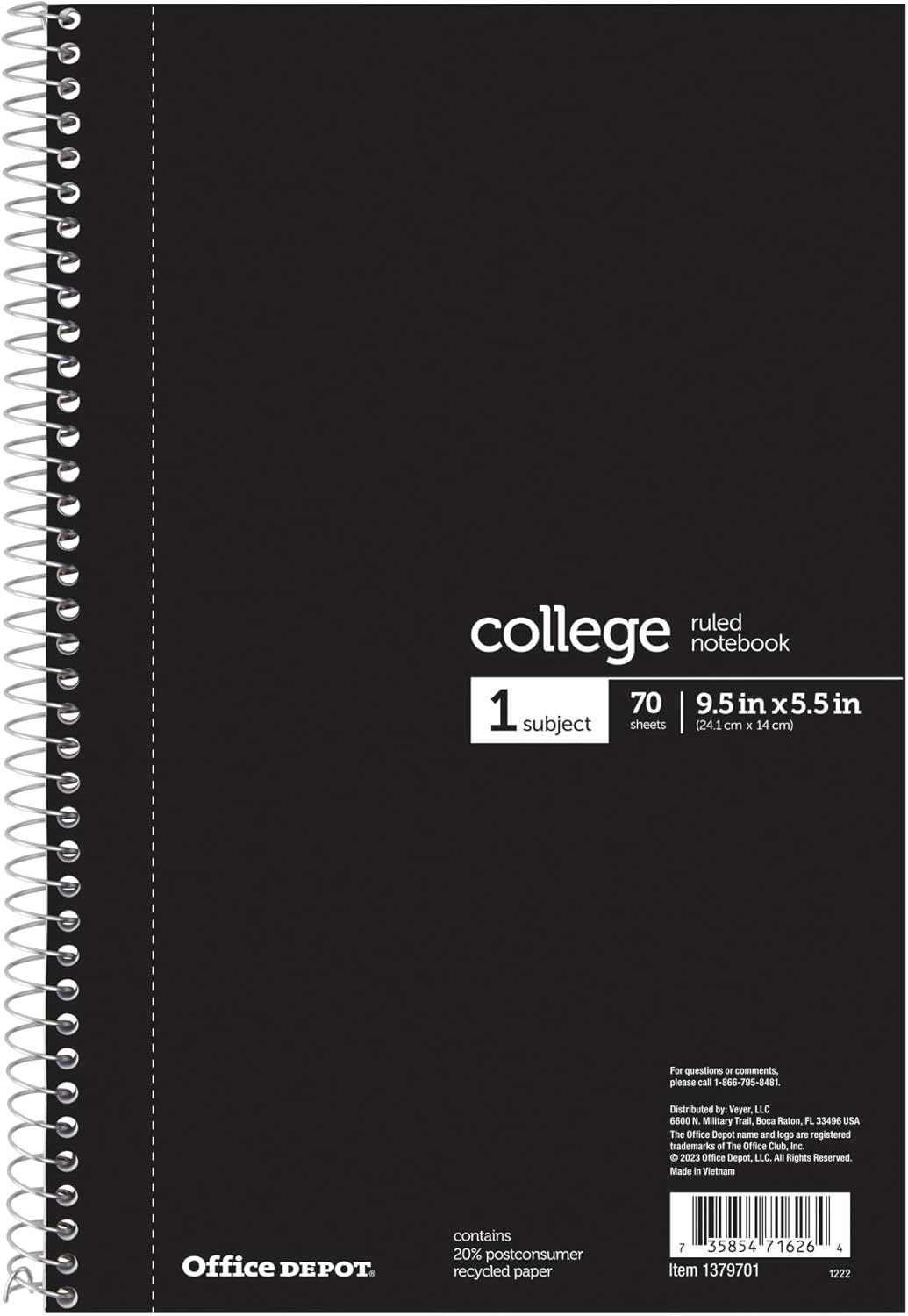 OfficeMax 1 Subject Notebook, 6" x 9 1/2", College Rule, Black Cover