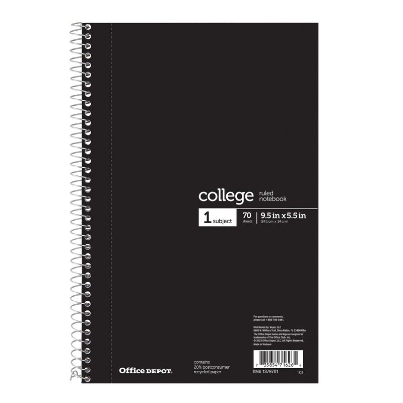 OfficeMax 1 Subject Notebook, 6" x 9 1/2", College Rule, Black Cover