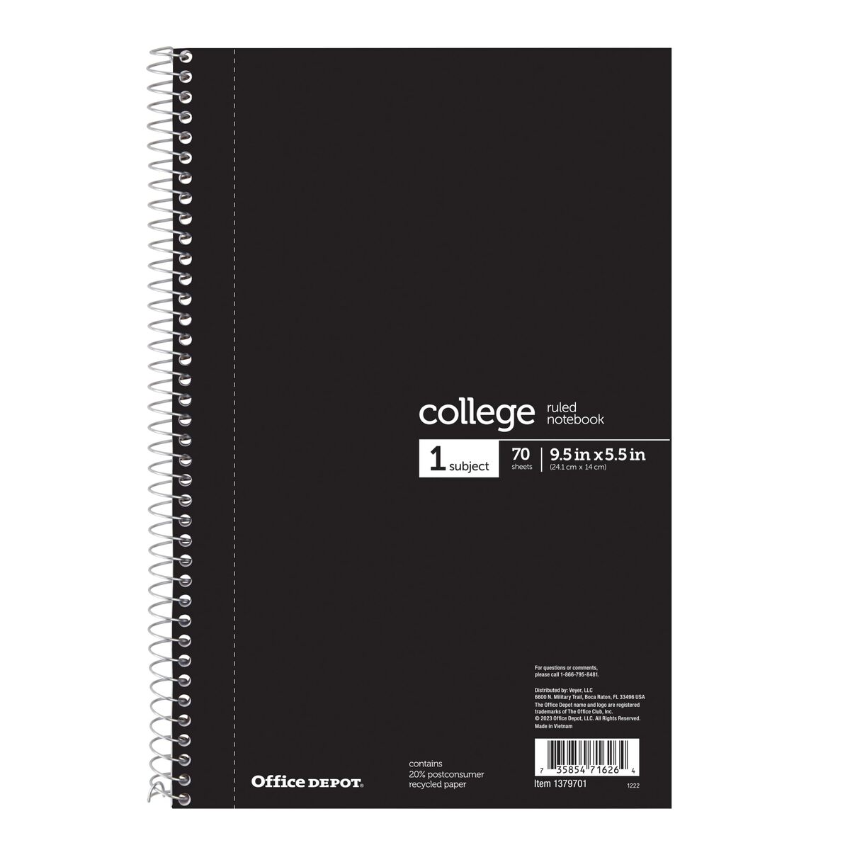 OfficeMax 1 Subject Notebook, 6" x 9 1/2", College Rule, Black Cover