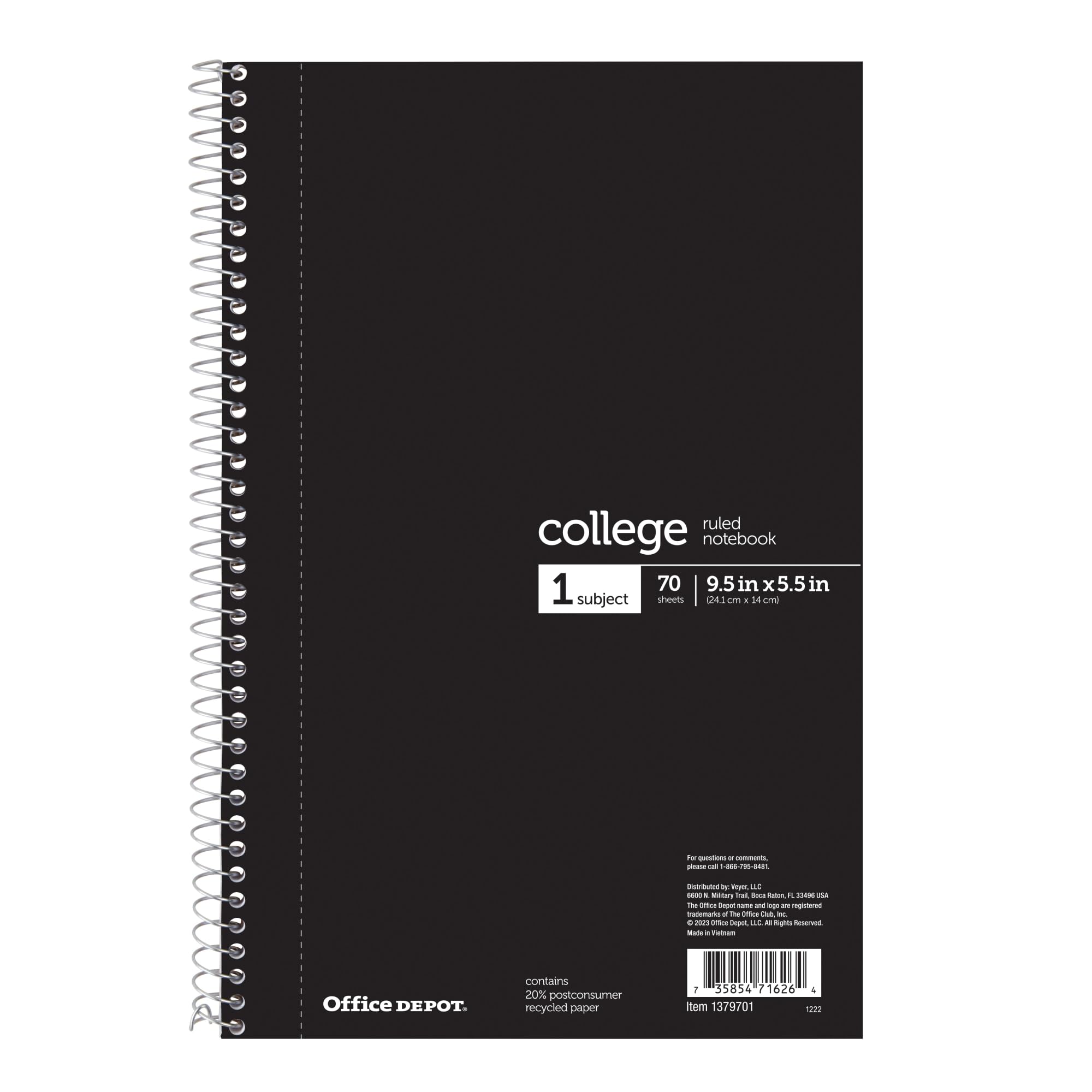 OfficeMax 1 Subject Notebook, 6" x 9 1/2", College Rule, Black Cover