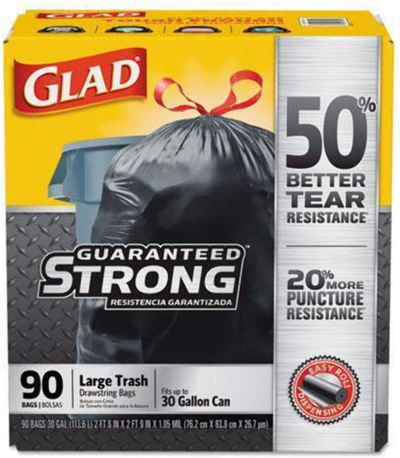 GLAD Drawstring Large Trash Bags, 30 X 33, 30gal, 1.05mil, Black, 90/carton 90 Count (Pack of 1)