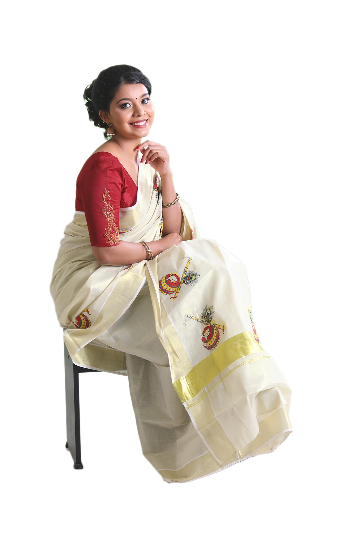 Kuthampully Kerala Kasavu Saree Tissue Mural Painted | Traditional South Indian Saree | Onam Saree | Kerala Saree - Multi Color EKM-774