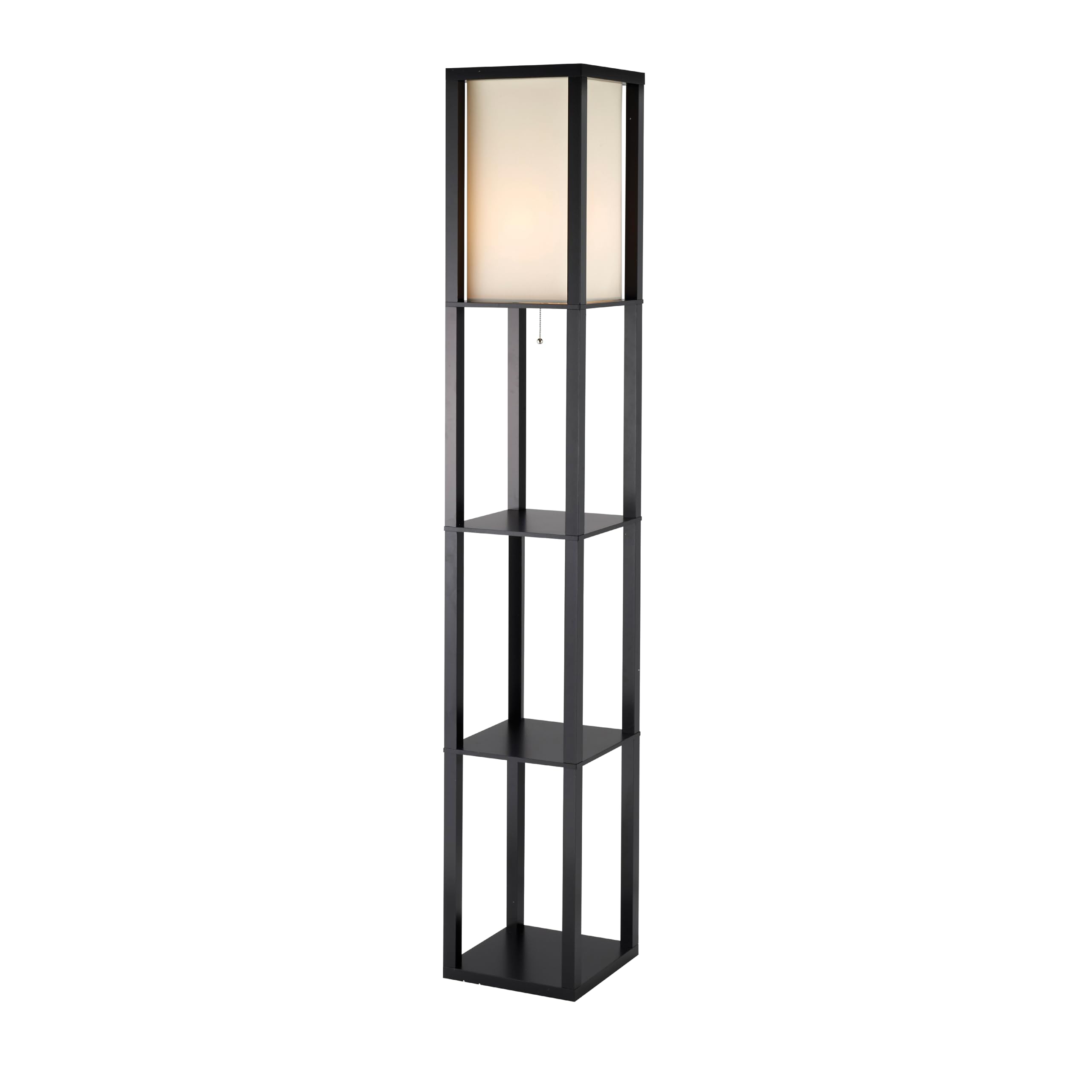 Adesso Square Floor Lamp with 3-Tier Open Shelves, Black Base, Fabric Shade, 72” T x 10.5” W, Extended Length Cord