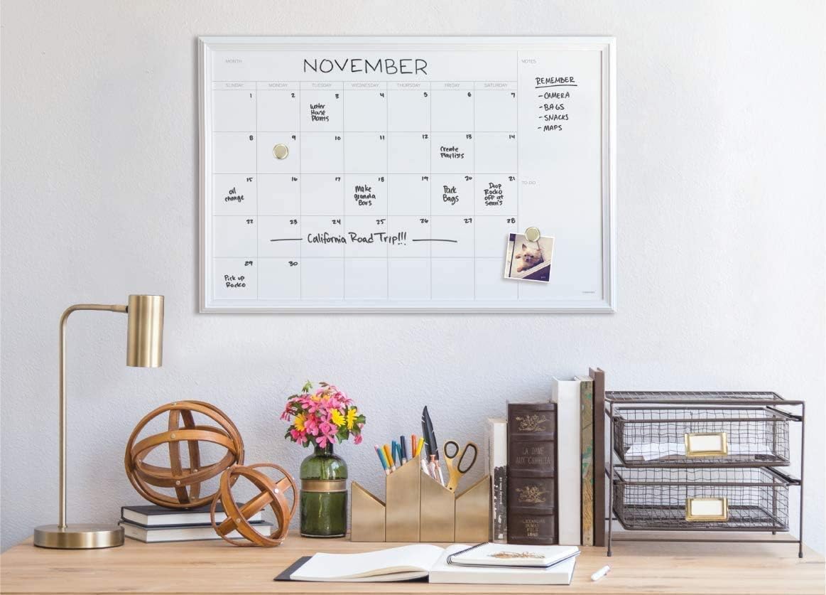 U BRANDS Magnetic Dry Erase Calendar Board, White Wood Frame