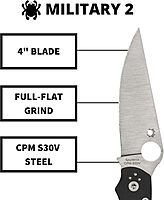 Spyderco Military 2 Folding Knife with 4-inch CPM S30V Steel Blade - Compact & G-10 Handle - Everyday Carry - PlainEdge - C36GP2