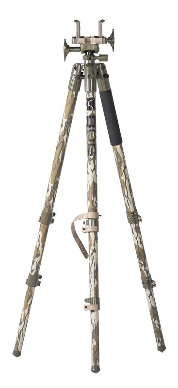 BOG DeathGrip Mossy Oak Bottomland Camo Tripod with Durable Aluminum Frame, Lightweight, Stable Design, Bubble Level, Adjustable Legs, and Hands-Free Operation for Hunting, Shooting, and Outdoors