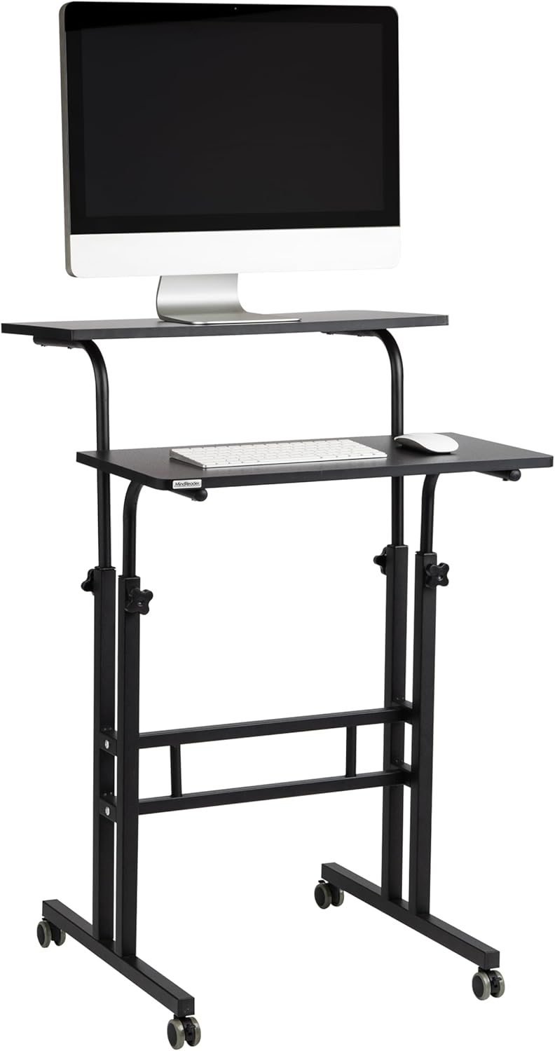 Mind Reader Standing Desk, Adjustable Height, Computer Desk, Laptop Desk, Portable, Rolling, 38" L x 21.25" W x 45.25" H, Black