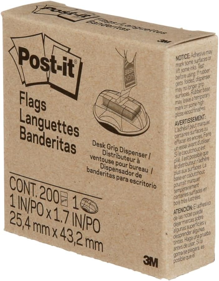 Post-it Flags, Message Flags for Signatures, 1 in Wide, 200/Desk Grip Dispenser