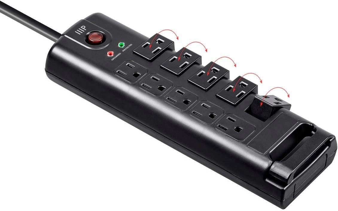 Monoprice 10 Outlet Rotating Surge Protector Power Block / Strip - 8 Feet - Black | 2880 Joules, Heavy Duty Cord