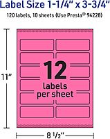 Avery Printable Rectangle Labels, Sure Feed Technology, 1-1/4" x 3-3/4", Bright Pink, Print-to-The-Edge