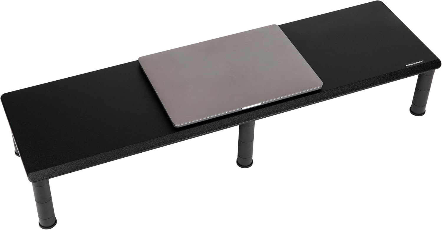 MIND READER Dual Monitor Stand, Height Adjustable Desktop Organizer Laptop Riser, 38.5" L x 11" W x 2.55-6.5" H, Black