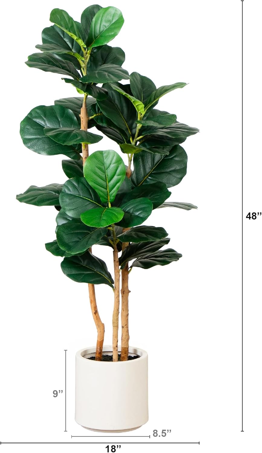 Nearly Natural 4'H Artificial Fiddle Leaf Tree With Decorative Planter, 48inH x 18inW x 18inD, Green/White
