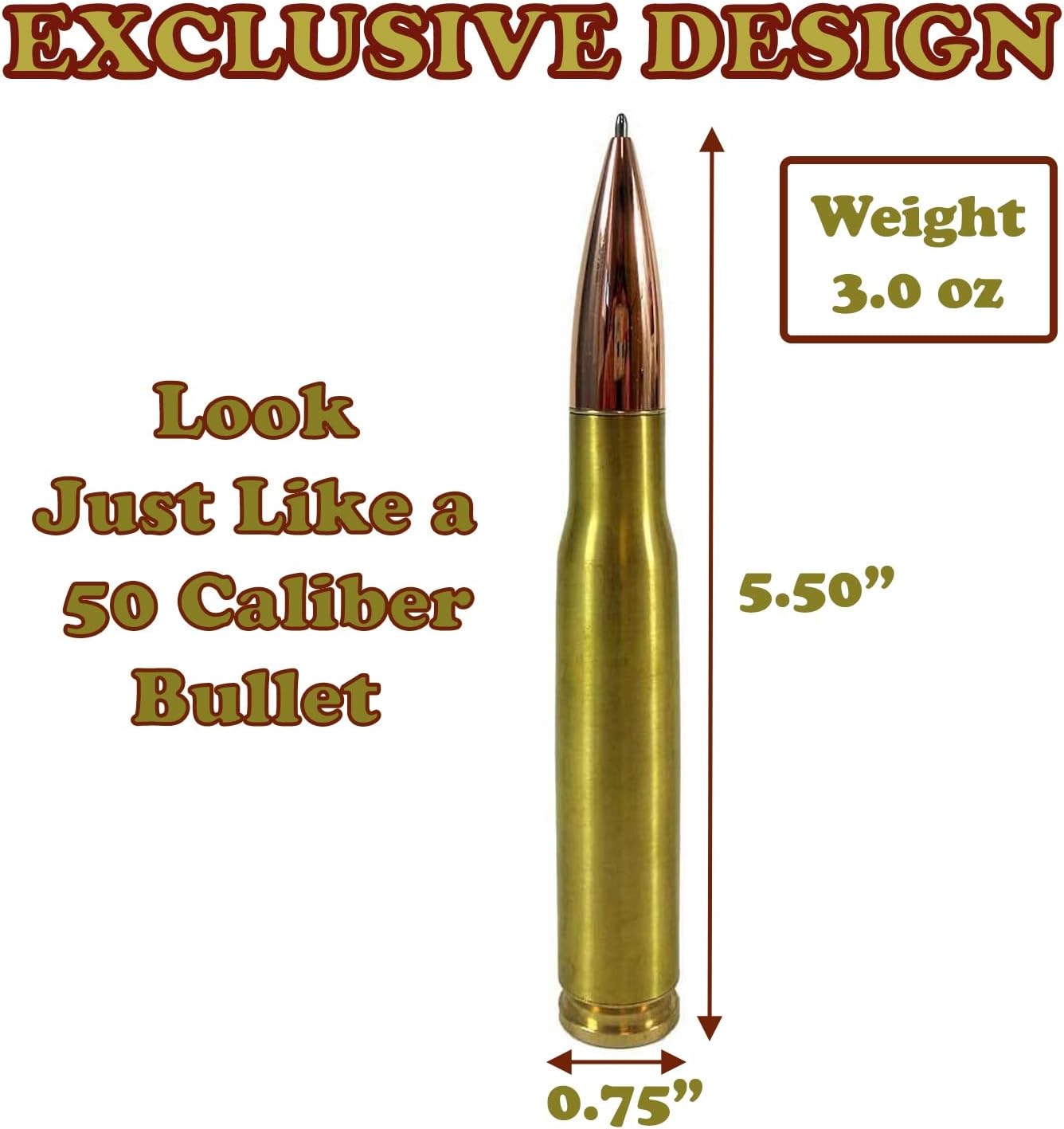 Caliber Gourmet 50 Caliber Bullet Twist Tactical Pen, Gold Plated, Realistic Refillable 50 Cal Bullet Pen for Hunters
