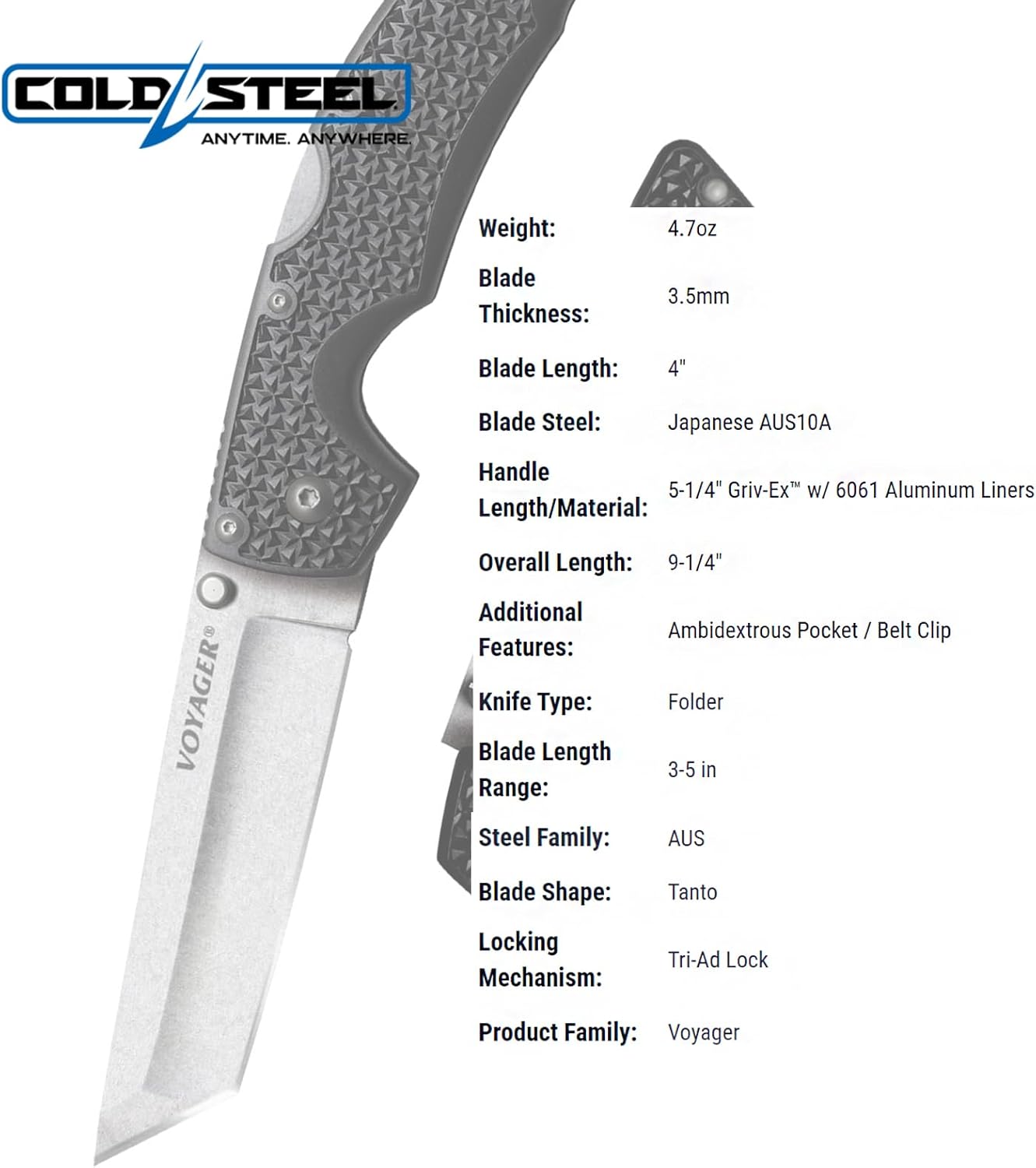 Cold Steel Voyager Large Folding Knife with Griv-Ex Handle and Tri-Ad Lock