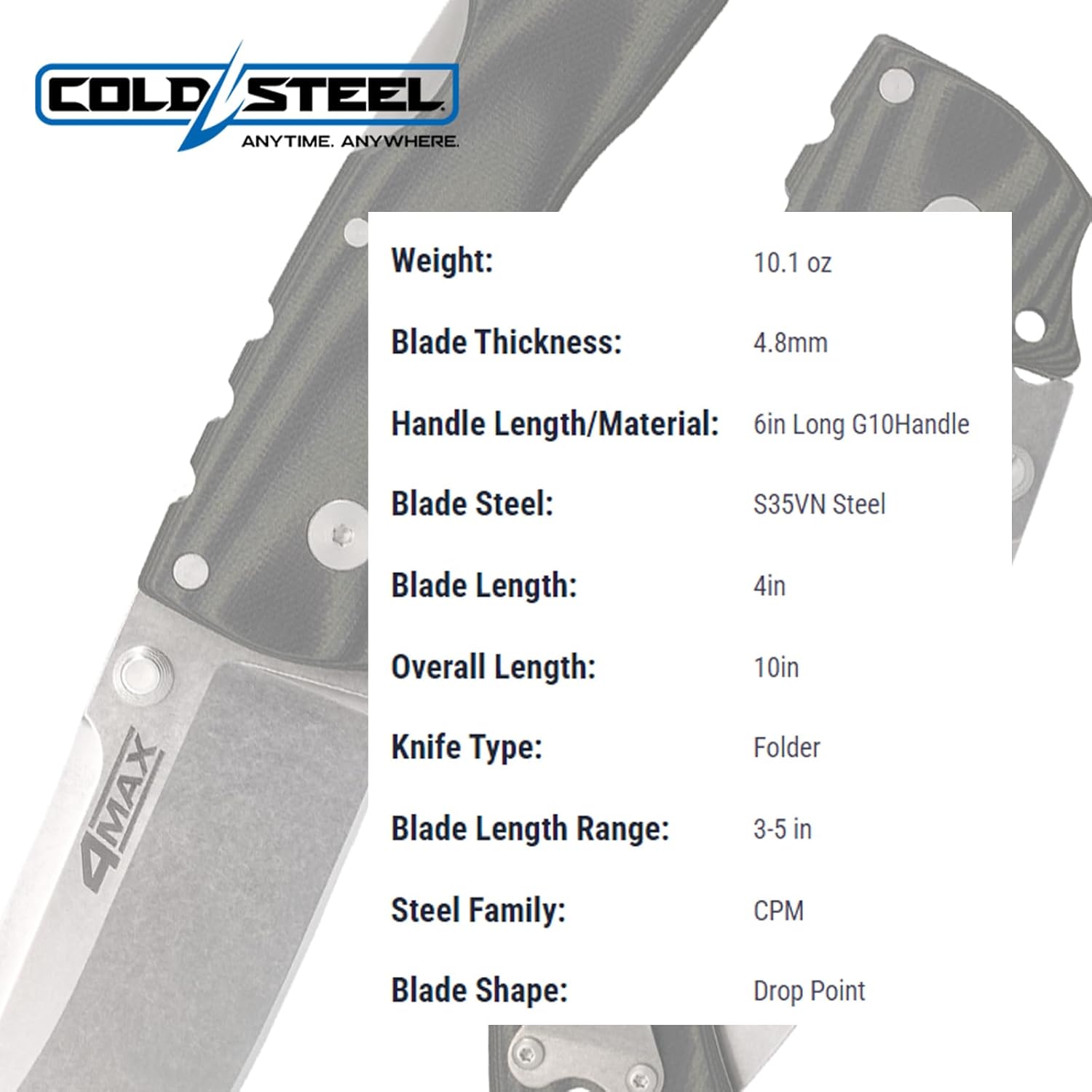 COLD STEEL 4-Max Elite 4 in S35VN Steel Blade Tactical Pocket Folding Knife w/Tri-Ad Locking Mechanism and G-10 Handle Scales