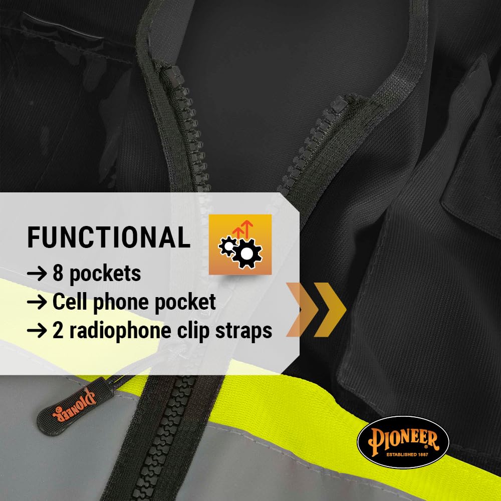 Pioneer Hi-Vis Reflective Safety Vest, Solid Neon, 8 Pockets, Zipper, Adjustable