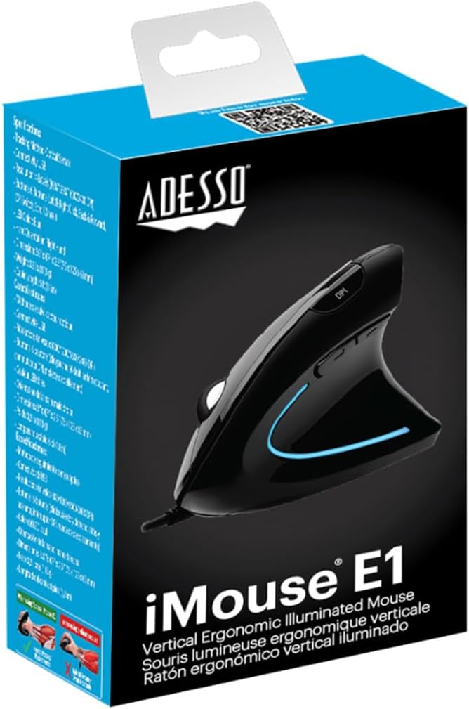Adesso iMouse E1 Wired Vertical Ergonomic Illuminated Optical 6-Button USB Mouse - Glossy Black, Right-Handed