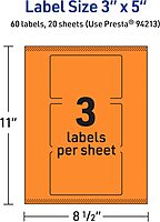 AVERY Printable Rectangle Labels, Sure Feed Technology, 3" x 5", Bright Orange, Print-to-The-Edge, Laser/Inkjet Printable