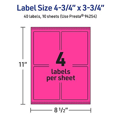 Avery Printable Rectangle Labels, Sure Feed Technology, 4-3/4" x 3-3/4", Neon Magenta, Print-to-The-Edge, Laser/Inkjet Printable