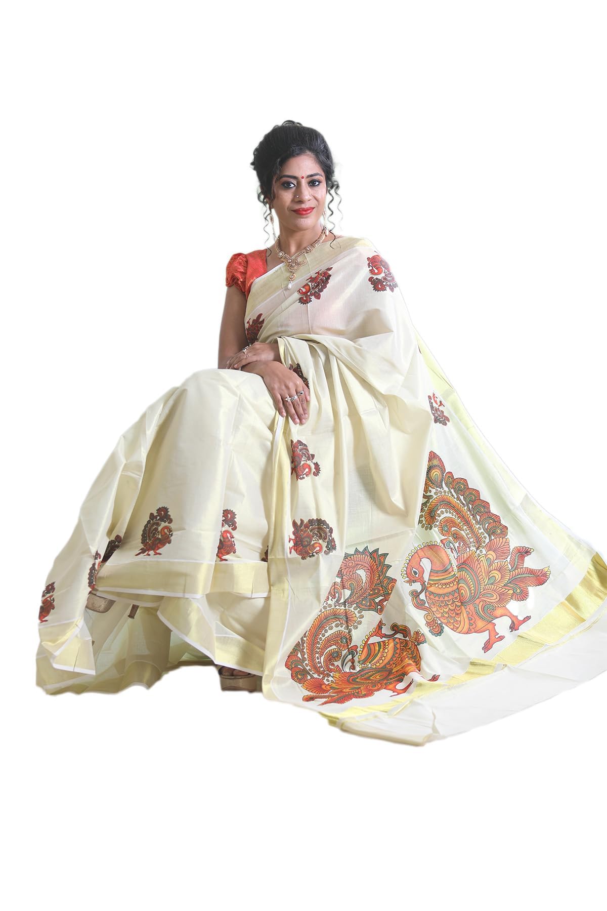 Kuthampully Kerala Kasavu Saree Tissue Mural Painted | Traditional South Indian Saree | Onam Saree | Kerala Saree - Multi Color - Multi Color KTM-694