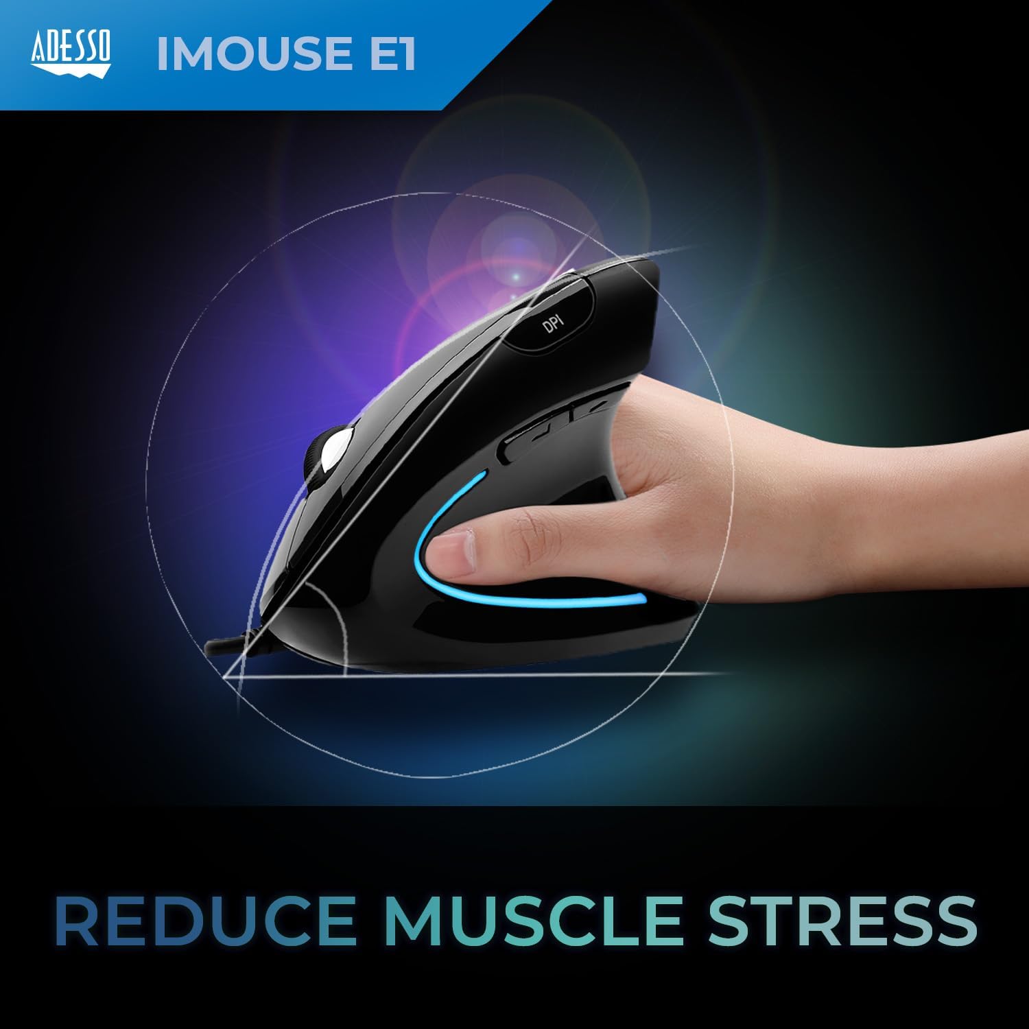 Adesso iMouse E1 Wired Vertical Ergonomic Illuminated Optical 6-Button USB Mouse - Glossy Black, Right-Handed