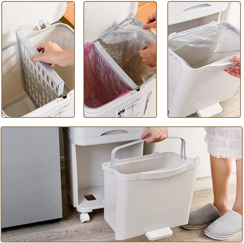 45L 2 COMPARTMENTS REFUSE BIN /TRASH CAN  WITH ANTI ODOUR  LID AND 2 LAYERS STORAGE
