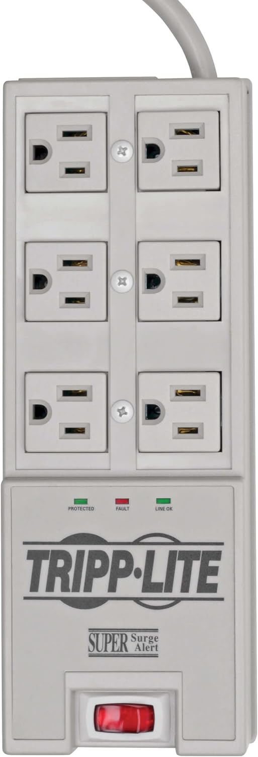 Tripp Lite 6 Outlet Surge Protector Power Strip, 6ft Cord, Right-Angle Plug, & $50,000 Insurance (TR-6) Grey